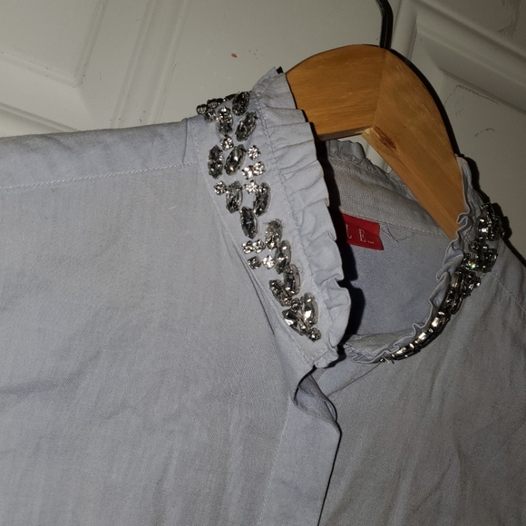 Elle Rinestone Neckline Career Blouse Blue Business Casual - Picture 3 of 9